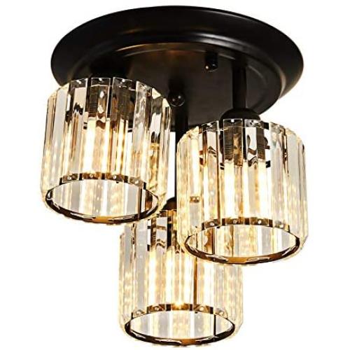 YYJLX 3-Light Crystal Chandelier Semi Flush Mount Ceiling Light，Modern Black Ceiling Lamp for Living Room Kitchen Dining Room