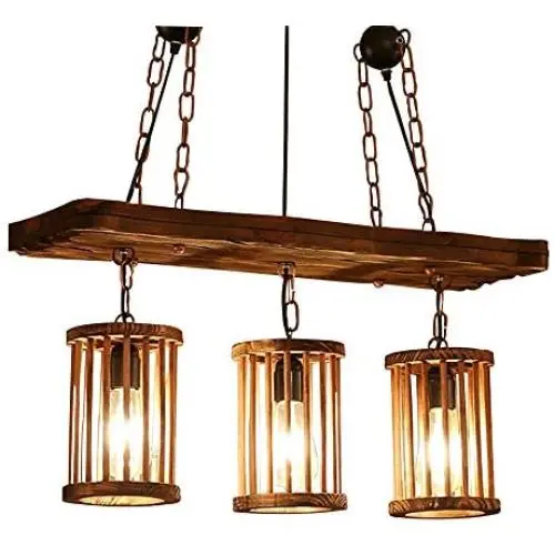 Ladiqi Industrial Vintage Island Light 3 Lights Hanging Pendant Lighting Wooden Chandelier for Kitchen Bar Restaurant Dining Room Table