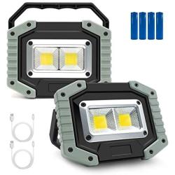 Portable LED Work Light, 30W 1500LM Rechargeable Waterproof COB Floodlight, Super Bright Camping Lights with Stand Built-in Power Bank for Indoor Outdoor Lighting, Gray, 2Pack