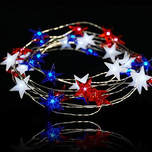 BOHON Independence Day Decor LED String Lights Battery Operated with Remote 10 ft 40 LEDs USA American Stars Flag Lighting String Lights for Bedroom Patriotic Decoration Memorial Day Presidents Day