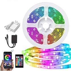 LED Strip Lights, PATIOPTION 16.4ft Waterproof Bluetooth Phone Controller RGB 5050 LED Tape Lights, Music Sync Color Changing LED Strip Lights with Remote for Bedroom, Home Decor, Cabinet, TV, Party