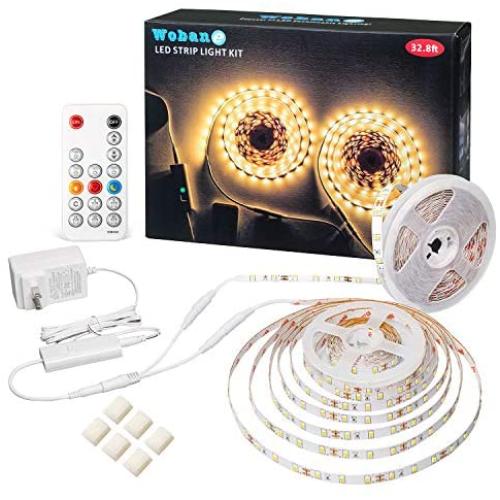 LED Strip Lights 32.8ft Warm White, WOBANE Dimmable Light Strip Kit with Remote and UL Listed Power Supply, 600 LEDs Supper Bright Tape Lights for Room, Kitchen, Bed, Under Cabinet, Wardrobe, 3000K