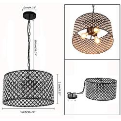 Lingkai Crystal Chandelier Pendant Light Fixture 3-Light Hanging Pendant Ceiling Lamp Caged Metal Drum Shade Black Finish