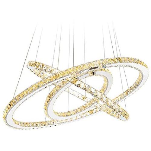 MEEROSEE Crystal Chandeliers Modern LED Ceiling Lights Fixtures Chandelier Lighting Dining Room Pendant Lights Contemporary 3 Rings Adjustable Stainless Steel Cable