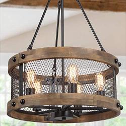 LALUZ Farmhouse Chandelier for Dining Room, 18’’ Round Wooden Chandelier for Kitchen Island, Foyer, Entryway, 5-Light