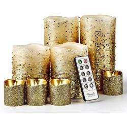 Furora LIGHTING LED Flameless Candles with Remote Control, Set of 8, Real Wax Battery Operated Pillars and Votives LED Candles with Flickering Flame and Timer Featured - Gold Glittery