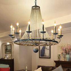 Jiuzhuo Rustic Vintage Candle Style Crystal Bead Strands Metal Wheel Large Chandelier Lighting Hanging Ceiling Fixture,Distressed White (12-Light)