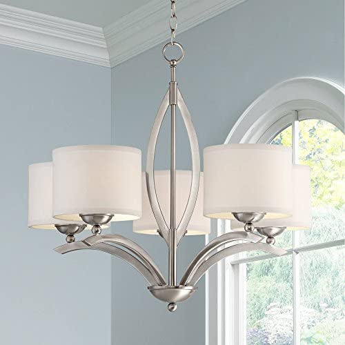 Ariano Brushed Nickel Chandelier 27 1/4'' Wide Modern White Linen Drum Shades 5-Light Fixture for Dining Room House Foyer Kitchen Island Entryway Bedroom Living Room - Possini Euro Design