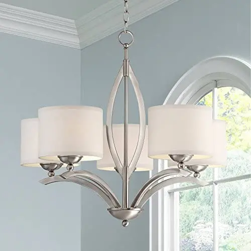 Ariano Brushed Nickel Chandelier 27 1/4'' Wide Modern White Linen Drum Shades 5-Light Fixture for Dining Room House Foyer Kitchen Island Entryway Bedroom Living Room - Possini Euro Design