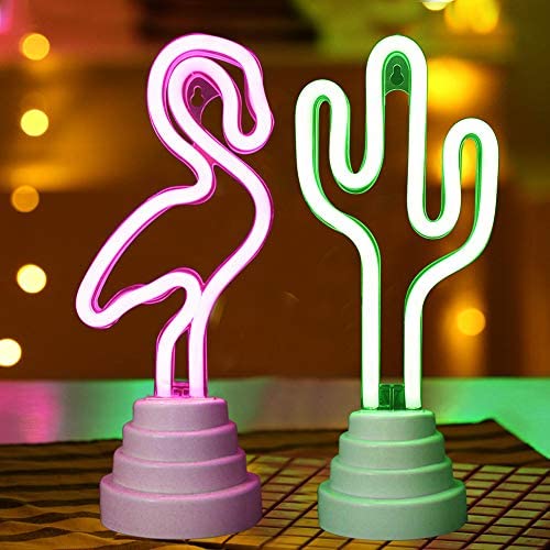 Bright Zeal [Set of 2 ] 11.5'' Green Cactus Decorative Neon Lights for Bedroom USB Powered Neon Sign Wall Decor - 11'' Tall Pink Flamingo Neon Light Sign for Bedroom Battery Powered Tabletop Neon Light