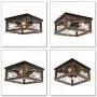 PUZHI HOME Farmhouse Wood Flush Mount Ceiling Light Fixture, Square Close to Ceiling Light Industrial Black Metal Rustic Island Light Fixtures with 4 E26 Blub Socket for Farmhouse Kitchen Dining Room