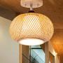 LITFAD 1 Head Bamboo Cage Ceiling Light Rural Style Foyer Semi Flush Mount Ceiling Lamp in Wood LED Pandent Lighting for Dining Room Bedroom Restaurant - 16'' (40 cm)