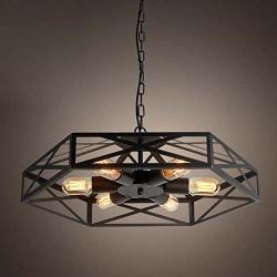 Industrial Adjustable Vintage Barn Metal Hanging Pendant Light - LITFAD 24'' Cage Semi Flush Fan Ceiling Light Chandelier Hanging Light Fixture Max. 300W with 6 Lights Painted Finish