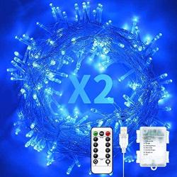 Baimo 2 Pack 33ft 100 LED Battery Operated String Lights with USB Cable, 8 Modes Waterproof Remote Timer Fairy Lights Indoor Outdoor for Christmas, Garden, Party (Blue)