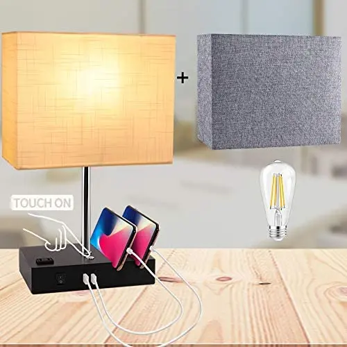 PARTPHONER Touch Control Table Lamp, Dual USB Ports Bedside Lamp, 3 Way Dimmable Nightstand Lamp with White & Gray Fabric Shades, an AC Outlet, for Living Room, Bedroom, Guest Room(Bulb Included) PARTPHONER Touch Control Table Lamp, Dual USB Ports Bedside Lamp, 3 Way Dimmable Nightstand Lamp with White & Gray Fabric Shades, an AC Outlet, for Living Room, Bedroom, Guest Room(Bulb Included)