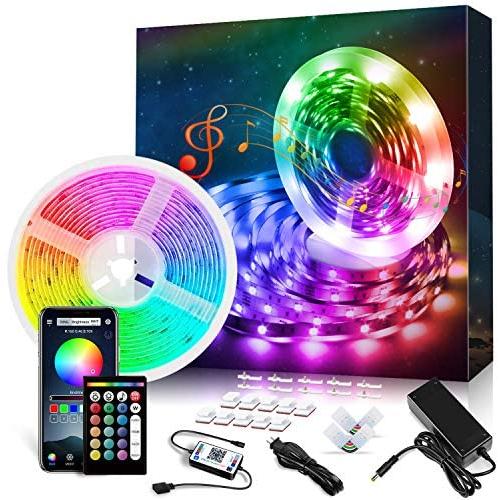 32.8 ft LED Strip Lights Music Sync LED Lights for Bedroom with IR Remote App Controlled with Built-in Mic Color Changing 5050 RGB LED Light Strip (32.8Ft APP+ Remote+ Mic)