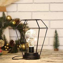 JHY DESIGN Diamond Metal Cage Table Lamp Battery Powered,Cordless Lamp with LED Edsion Style Bulb for Weddings,Parties,Patio,Events for Indoors/Outdoors and More (Hanging Hook Included)