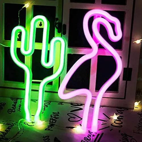 Flamingo & Cactus Neon Lights, Creative LED Neon Signs for Bedroom, Kids Room, Beer Bar, Birthday Party, Childrens Gift