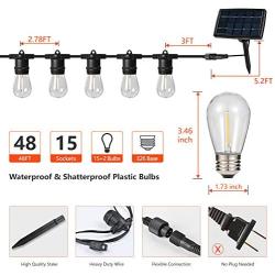 48FT LED Solar String Lights Outdoor, Waterproof Hanging Lights with 17 Shatterproof Vintage Edison Bulbs(2 Spare), Commercial Grade Patio Lights for Backyard Patio Porch Café by PARTPHONER