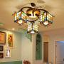 LITFAD Tiffany Ceiling Lamp Chandelier Art Glass Lodge Shade 3-Light Semi Flush Ceiling Fixture with Leaves Accent Distressed Bronze Canopy Ceiling Hanging Light for Living Room Bedroom Hotel