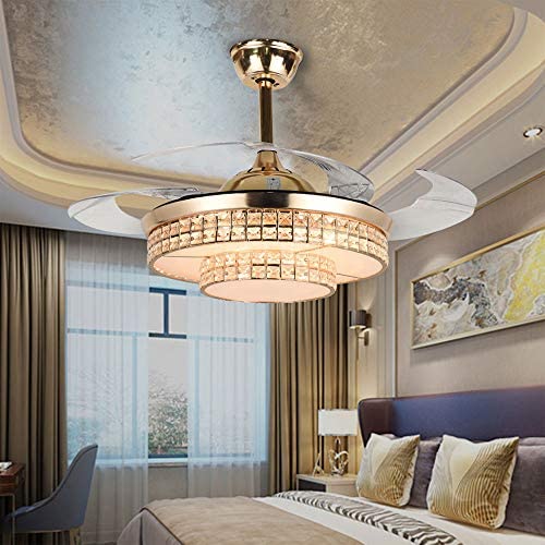 Crystal Ceiling Fan with Light, 42 Inch Chandelier Fans Light LED Remote Retractable Blades 3 Speeds Three Change Colors Crystal Invisible Fan Lamp For Bedroom Dining Living Room Gold