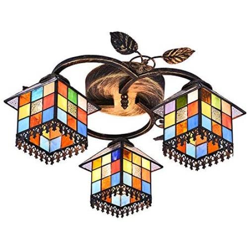 LITFAD Tiffany Ceiling Lamp Chandelier Art Glass Lodge Shade 3-Light Semi Flush Ceiling Fixture with Leaves Accent Distressed Bronze Canopy Ceiling Hanging Light for Living Room Bedroom Hotel