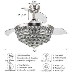 Crystal Chandelier Fandelier Chrome Ceiling Fan 42 Inch with Retractable invisible Blades and 3 Changing LED Light Color Ceiling Fan Light for Indoor, Living Room, Dining Room, Bedroom