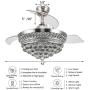 Crystal Chandelier Fandelier Chrome Ceiling Fan 42 Inch with Retractable invisible Blades and 3 Changing LED Light Color Ceiling Fan Light for Indoor, Living Room, Dining Room, Bedroom