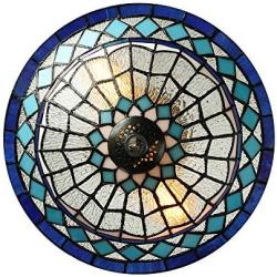 LITFAD Tiffany Stained Glass Style Ceiling Lamp Blue Diamond Pattern 12 Inch Flush Mount Ceiling Light LED 2 Lights Pendant Lighting for Dining Room Bedroom Corridor