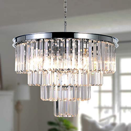 DSRJ Chrome Modern Crystal Chandelier 9 Lights Contemporary Chandeliers Light Fixtures Ceiling Hanging Pendant Lamp for Dining Room Living Room Kitchen Island Foyer W24 Inch