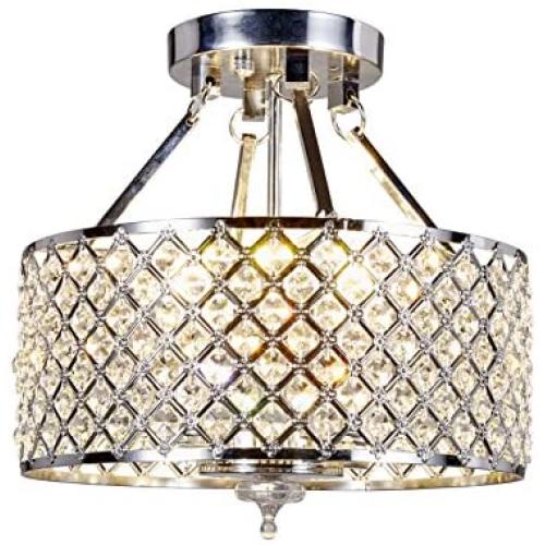Top Lighting 4-Light Chrome Finish Round Metal Shade Crystal Chandelier Semi-Flush Mount Ceiling Fixture