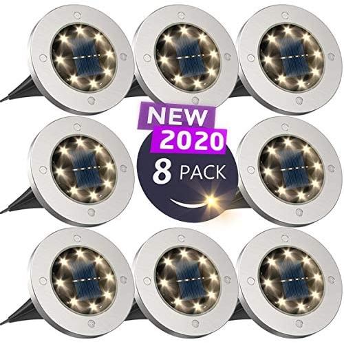 Solar Ground Lights, Disk Lights Solar Powered - 8 Led, Outdoor in-ground Solar Lights for Landscape, Walkway, Lawn, Steps Decks, Pathway Yard Stairs Fences, LED lamp, Waterproof(8 Warm White)