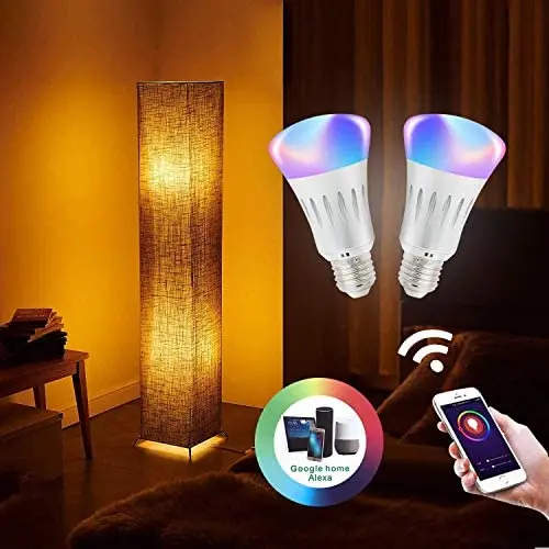 Cantonape Alexa and WiFi Controlled Floor Lamp, Soft Light Minimalist Floor Lamp Brown Fabric Shade with 2 RGB Color LED Smart Bulbs