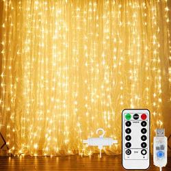 Window Curtain String Light 300 LED 8 Lighting Modes USB Powered Fairy Lights for Christmas Bedroom Party Wedding Home Garden Bedroom Decoration Outdoor Indoor(Warm White)(9.8ft X 9.8ft)