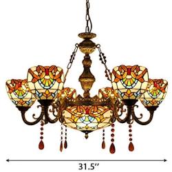 CraftThink Pendant Lighting LED Chandelier Light Antique Tiffany Style Stained Glass 6+1-Light with Amber Droplet Decorations Hanging Light for Dining Living Cafe Room Restaurant - TYP C2- Flower