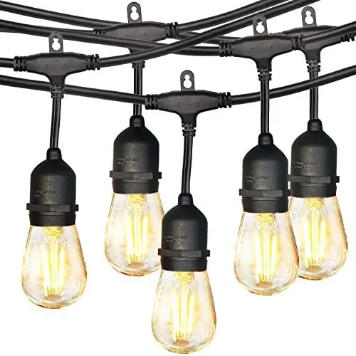 48FT LED Outdoor String Lights, 17 Dimmable Shatterproof Edison Bulbs, with 15 Hanging Sockets, for Patio Lights, Backyard Lights, Weatherproof, Indoor/Outdoor, Commercial Grade, 2W, 2700K