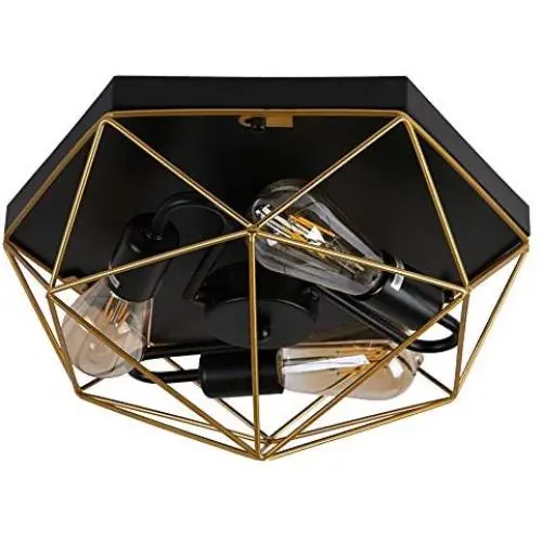 Farmhouse Flush Mount Ceiling Light,Brass Metal Contemporary Ceiling Lighting Cage Pendant Lighting Lamp Fixture with 3 E26 Bulb Base for Hallway,Restaurant,Warehouse,Barn,Living Room, Kitchen
