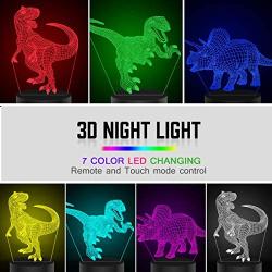 Dinosaur Toys Night Light - 3D Night Lamp with Three Patterns & Remote Control & Smart Touch+16 Colors Changing Dimmable, Brithday Gifts for 2 3 4 5 6 7 8 Year Old Boys Girls Dinosaur Fans