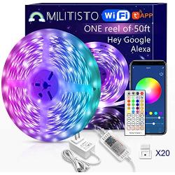 Militisto LED Light Strips 50ft (1-Pack) - Alexa Smart LED Strip Lights Compatible with Echo,Google Home - Music LED Lights for Bedroom,Aesthetic Room Decor,Smart Home, Home Decorations, Dorm Decor