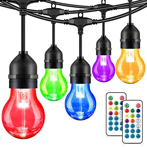 48FT RGB Outdoor String Lights, RGB Cafe LED String Light with 15+3 E26 Shatterproof Dimmable Edison Bulbs, Commercial Grade Light String for Patio Backyard Garden, 2 Remote Controls Included