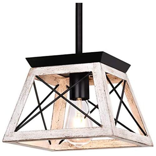 bgLight Rustic Farmhouse Pendant Light, Industrial Mini Metal Ceiling Light Trapezoidal Shape Island Hanging Chandelier for Kitchen, Dining Table, Living Room, Entryway, Hallway- Rustic White