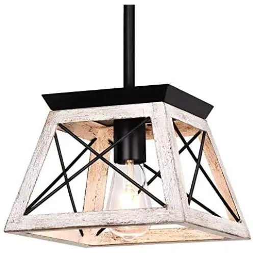bgLight Rustic Farmhouse Pendant Light, Industrial Mini Metal Ceiling Light Trapezoidal Shape Island Hanging Chandelier for Kitchen, Dining Table, Living Room, Entryway, Hallway- Rustic White