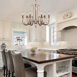 Dining Room Farmhouse Chandelier Lighting Fixtures Hanging in Rustic Wood and Rusty Bronze Finish, Shabby Chic French Country Pendant for Kitchen Island, Bedrooms, Foyer