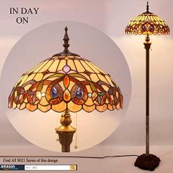 Tiffany Style Floor Standing Lamp W16H64 Inch Tall Stained Glass Serenity Victorian Lampshade 2E26 Antique Reading Light Resin Base S021 WERFACTORY Lamps Bedroom Living Room Bedside Table Lover Gifts