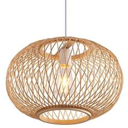 LITFAD Bamboo Globe Pendant Lighting Asian Style 19.5'' Wide 1 Light Hanging Ceiling Lamp in Wood Beige Ceiling Fixture with Adjustable Cord for Dining Room Living Room Restaurant