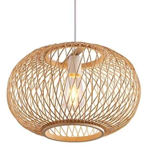 LITFAD Bamboo Globe Pendant Lighting Asian Style 19.5'' Wide 1 Light Hanging Ceiling Lamp in Wood Beige Ceiling Fixture with Adjustable Cord for Dining Room Living Room Restaurant