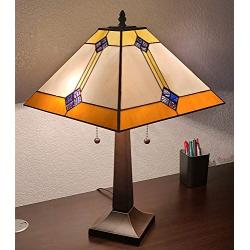 Amora Lighting Tiffany Style Table Lamp Banker Mission 23'' Tall Stained Glass White Tan Brown Antique Vintage Light Decor Nightstand Bedside Living Room Bedroom Handmade Gift AM098TL13B, Multicolor