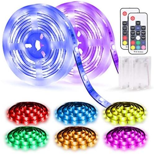 RGB Led Strip Lights Battery Powered 4-FQ 2PCS 6.56ft Led Lights Strip Battery Operated Remote Control Color Changing Strip Lights Kit SMD5050 120 LED Waterproof Strip Lights DIY TV Bedroom 17 Keys