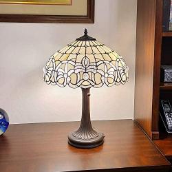 Amora Lighting Tiffany Style Table Lamp Banker 24'' Tall Stained Glass White Grey Jeweled Beads Vintage Antique Light Décor Living Room Bedroom Handmade Gift AM293TL16B