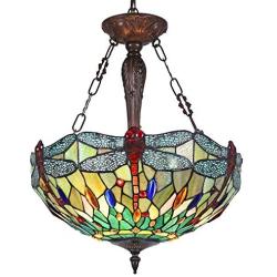 Capulina Dragonfly Design Tiffany Dining Table Lights, 3-Light Hanging Tiffany Style Lamp, 18.3 Inch Wide Stained Glass Dining Room Lights, Pendant Lights, Tiffany Hanging Light